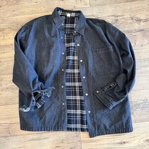 Denim Reversible Jacket Men's Black Plaid Lined Snap Front Sz Large Barn Coat